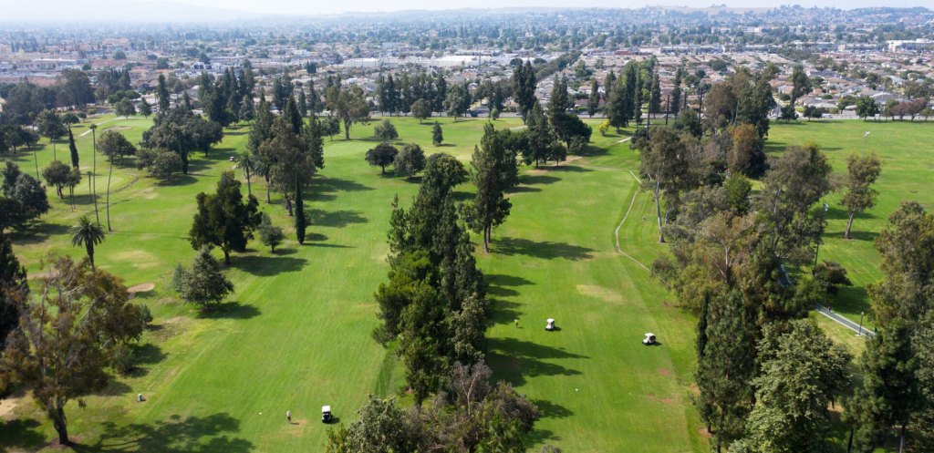 Bird's eye view of golf course fairway